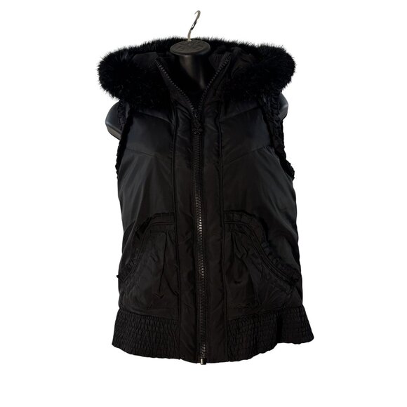 Betsey Johnson Black Hooded Vest W/ Faux Fur Trim & Floral Lining Size S - Picture 2 of 12